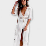 Sanne – Boho-chic midi haljina s čipkom i vezicama