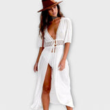 Sanne – Boho-chic midi haljina s čipkom i vezicama