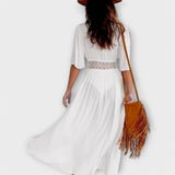Sanne – Boho-chic midi haljina s čipkom i vezicama